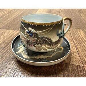 Vintage Japanese Moriage Dragonware Tea Cup Saucer Set Geisha Lithophane Grey